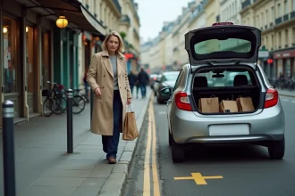 Femme déchargeant des courses depuis une voiture garée sur une place de livraison à pointillés jaunes dans une rue parisienne