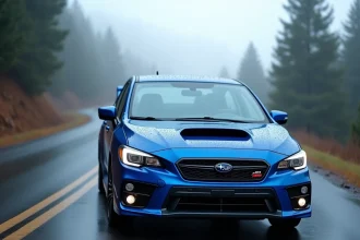Subaru Impreza WRX bleue métallisée sur route de montagne mouillée, vue 3/4 avant avec prise d'air capot visible
