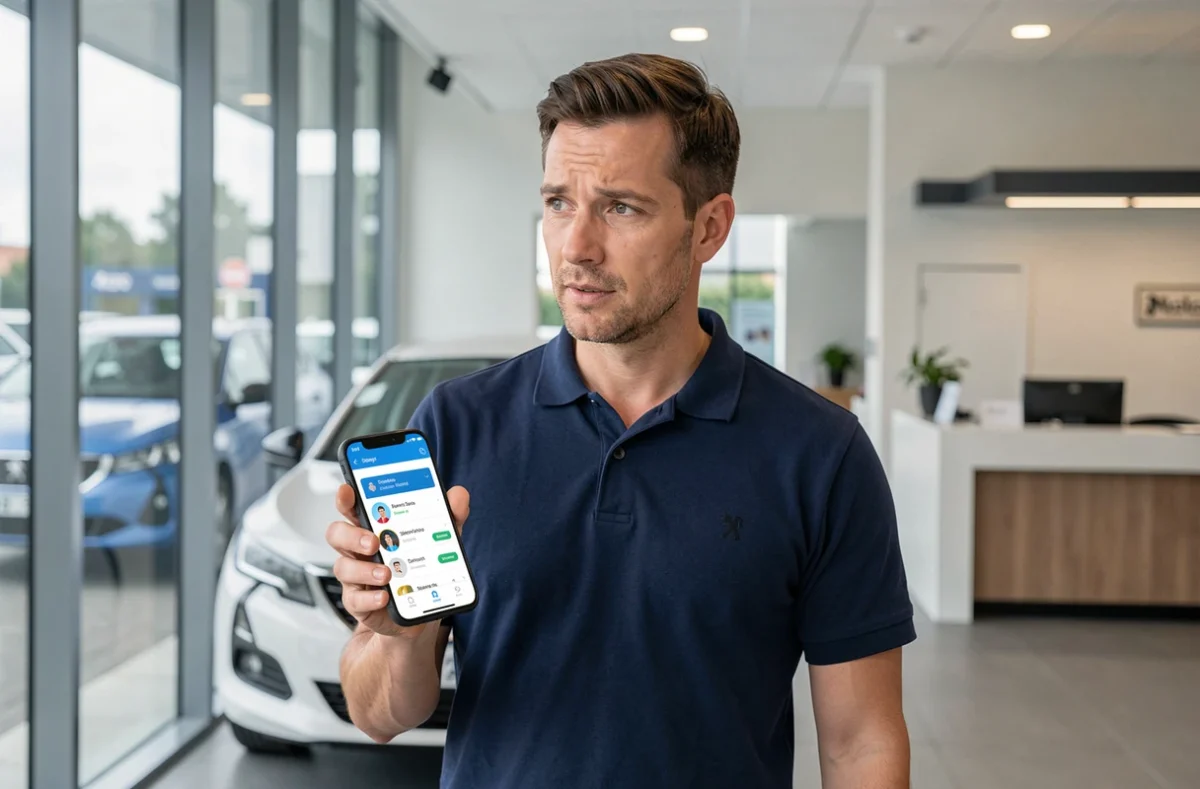 Homme consultant le suivi de dossier du service client Peugeot sur son smartphone dans un espace d'attente de concession automobile