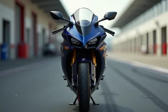 Suzuki GSX 600 R vue de trois quarts avant avec fourche et réglages de suspension visibles en paddock