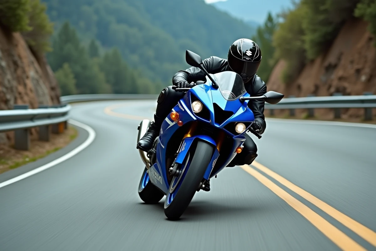 Suzuki GSX 600 R en pleine courbe sur route de montagne avec effet de filé photographique