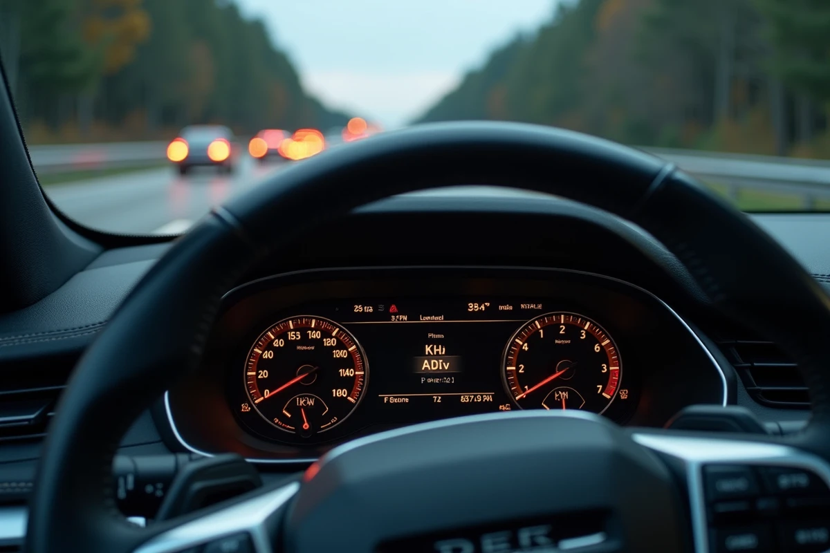 Tableau de bord d'une voiture affichant la puissance moteur en kilowatts et en chevaux sur un écran numérique
