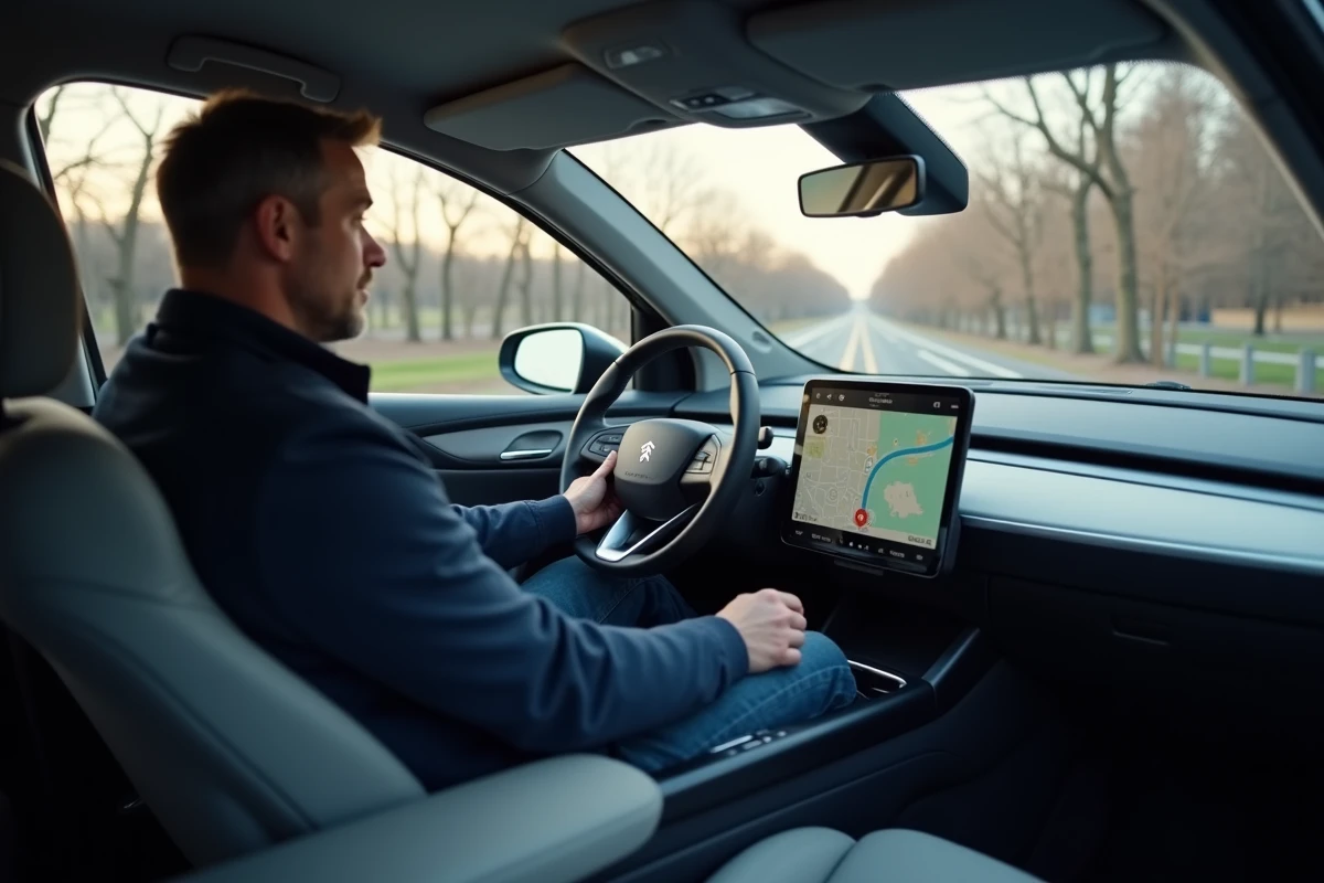 Tableau de bord connecté d'une voiture sans permis avec écran tactile de navigation