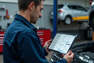 Technicien automobile consultant le logiciel Atelio Doc sur une tablette dans un garage professionnel organisé