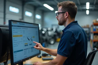Technicien carrossier consultant un logiciel de devis Dialogys sur un écran d'ordinateur dans un atelier professionnel