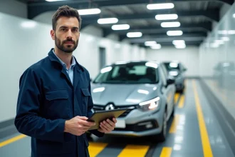 Technicien en contrôle technique inspectant un véhicule diesel compact dans un centre de contrôle technique français