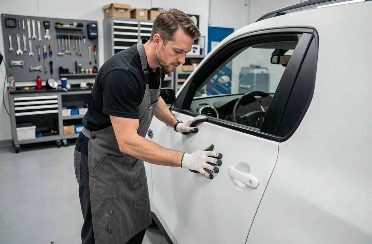 Technicien en carrosserie inspectant un covering blanc mat sur un SUV dans un atelier automobile professionnel