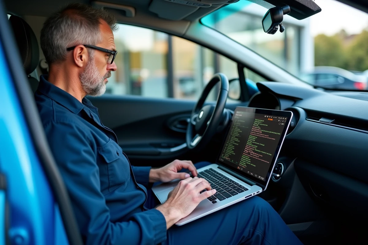 Technicien automobile lisant les codes d'erreur moteur d'une Renault Clio 5 avec un ordinateur de diagnostic devant un centre de service