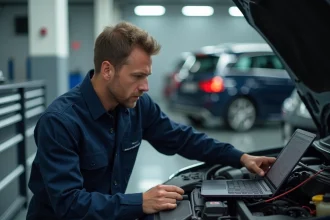 Technicien automobile connectant un ordinateur portable à la prise OBD2 d'une voiture pour une reprogrammation moteur en atelier professionnel