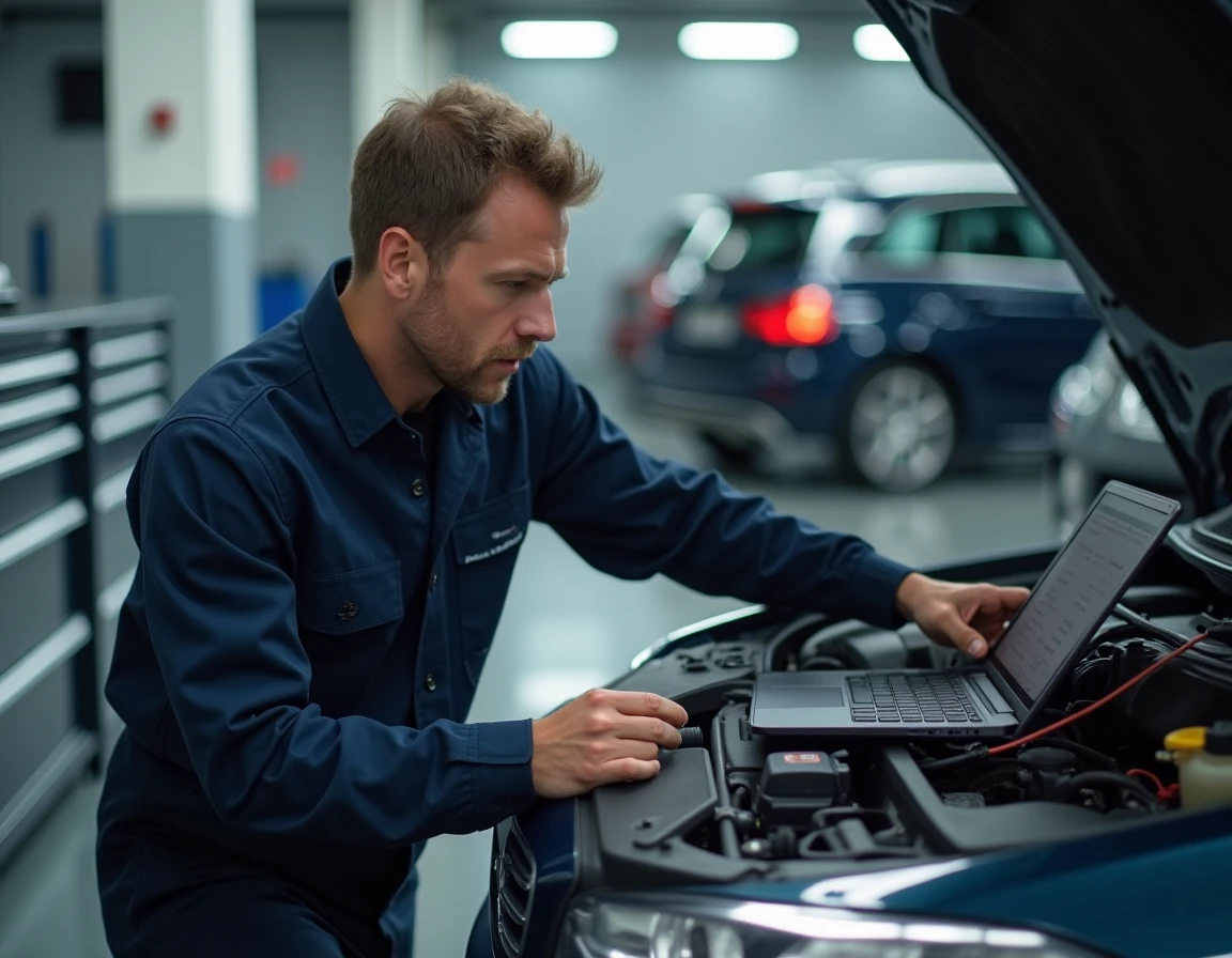 Technicien automobile connectant un ordinateur portable à la prise OBD2 d'une voiture pour une reprogrammation moteur en atelier professionnel
