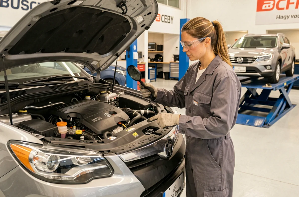 Technicienne automobile inspectant la courroie de distribution sous un véhicule surélevé dans un centre de service moderne