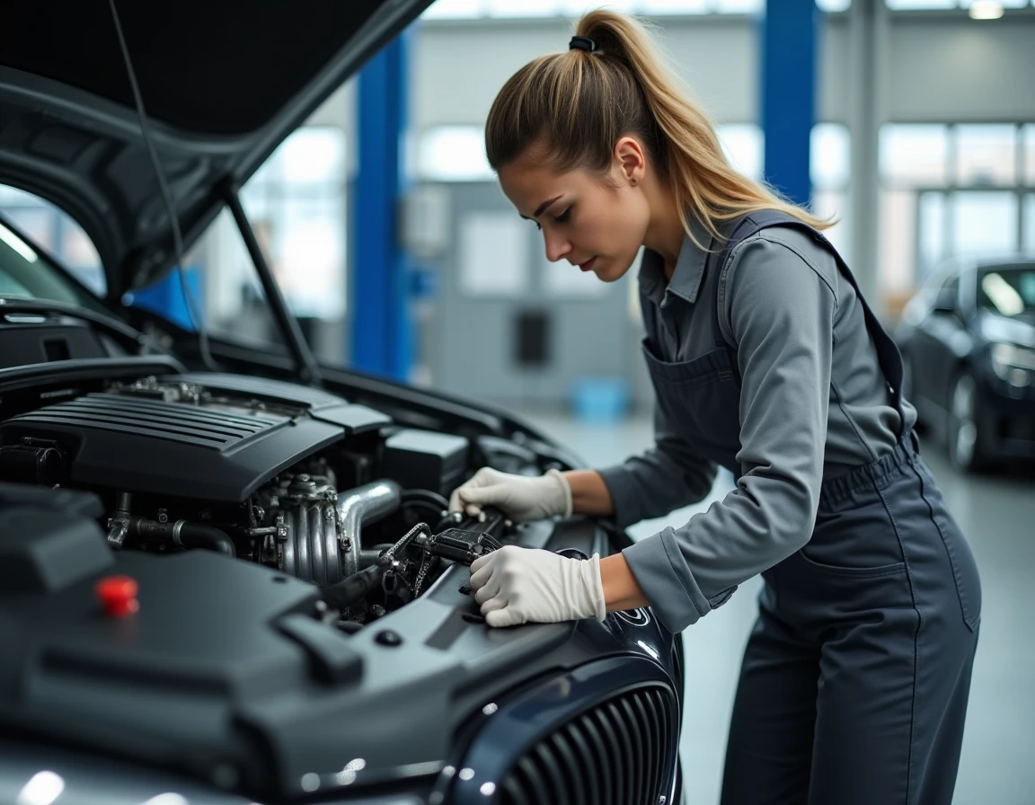 Technicienne automobile remplaçant la chaîne de distribution sur un moteur BMW dans un centre de service
