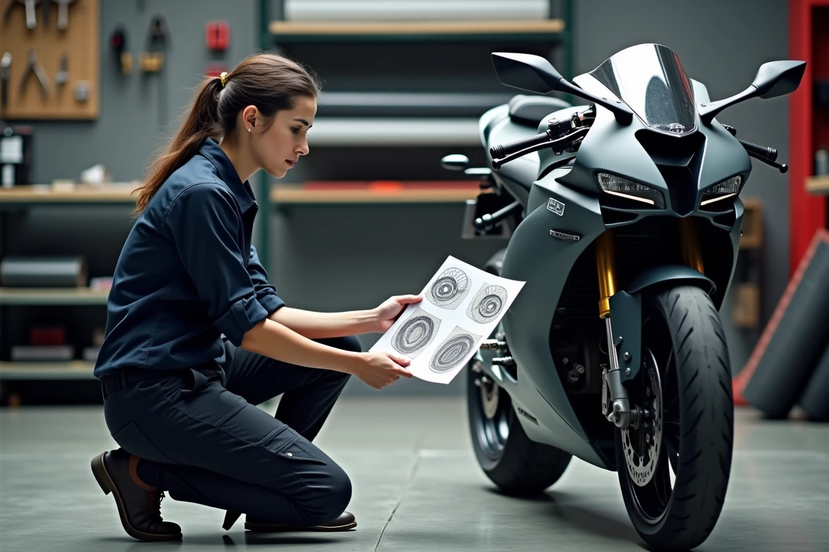 Technicienne en vinyle comparant un test d'impression de covering moto avec la surface réelle du réservoir