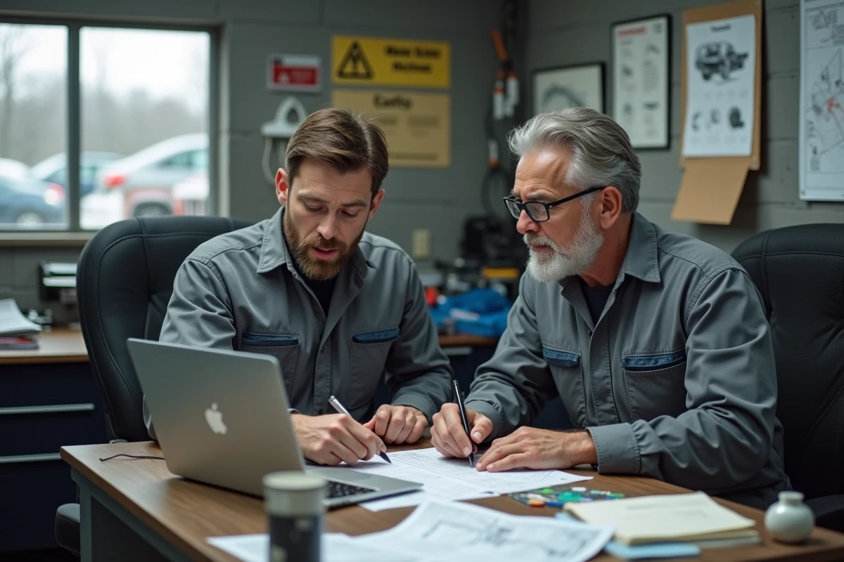 Deux techniciens en carrosserie collaborant sur un devis de réparation automobile avec un catalogue de pièces en ligne