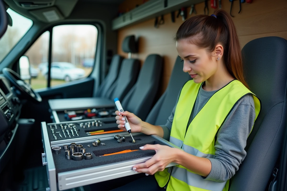 Tiroirs aluminium avec rangement outils organisé à l'intérieur d'un van utilitaire Renault Master