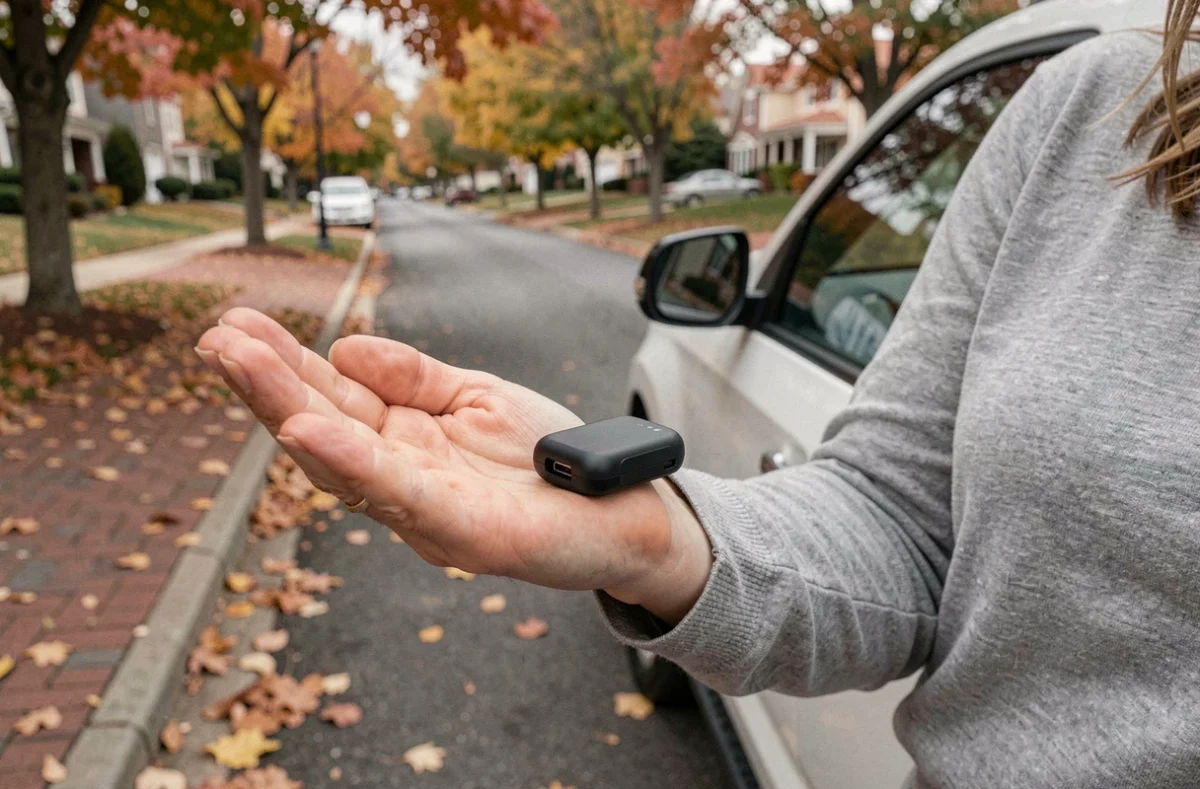 Femme tenant un petit traceur GPS découvert sur son véhicule dans une rue résidentielle