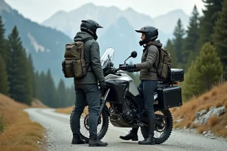 Couple de motards en équipement complet posant avec un trail moto chargé de bagages en montagne