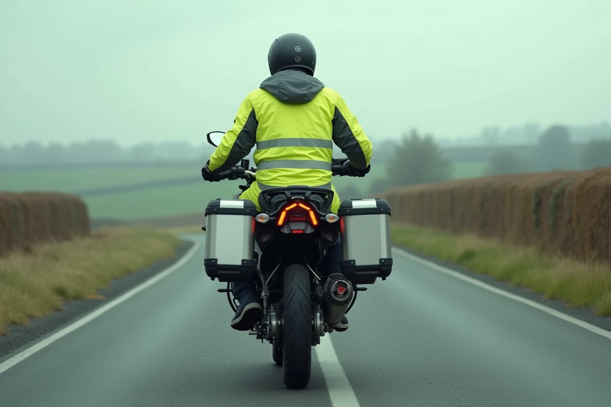 Duo de motards en route sur un trail moto chargé de bagages traversant la campagne française
