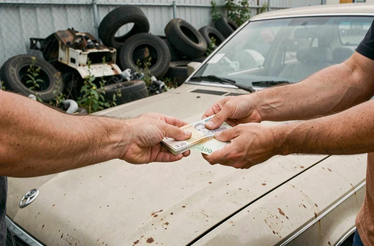 Échange d'argent lors de la vente d'une vieille voiture dans un centre de recyclage de véhicules hors d'usage