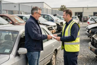 Un homme remet les papiers de sa vieille voiture à un agent de recyclage automobile dans un centre de retraitement de véhicules