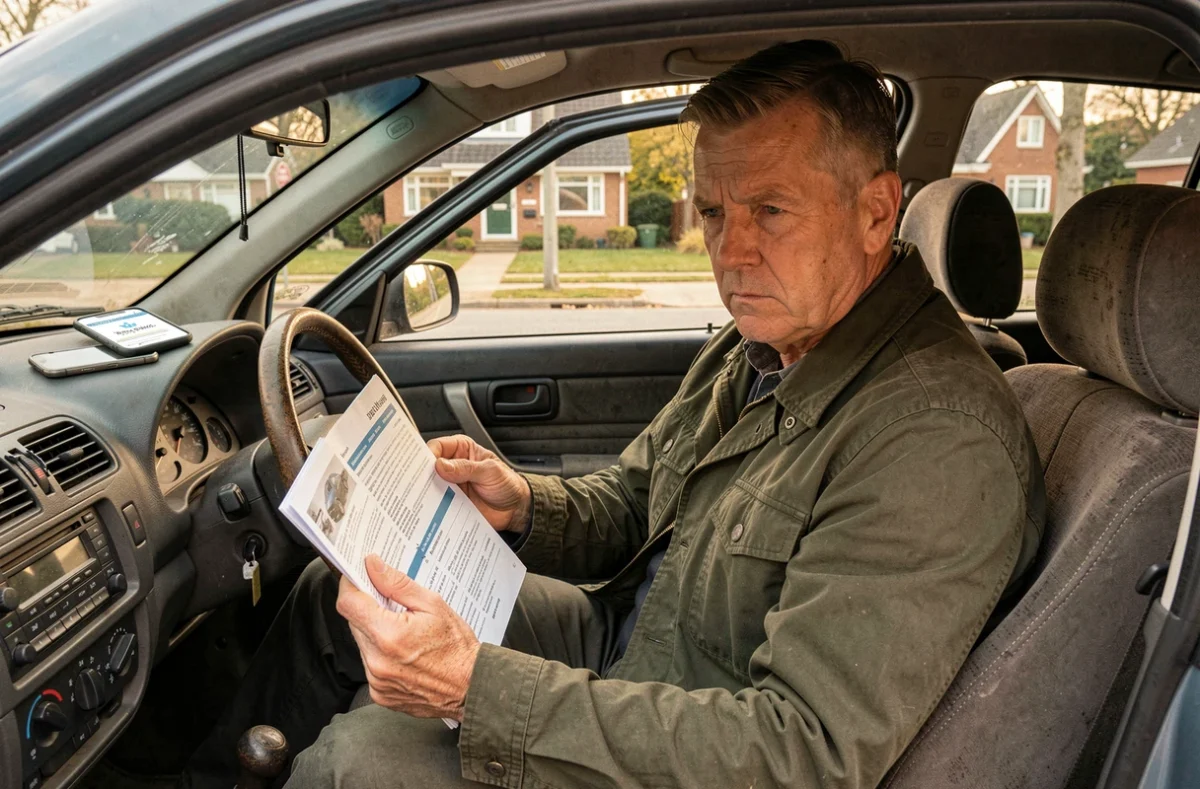 Homme vérifiant le carnet d'entretien et l'historique d'un véhicule d'occasion à l'intérieur de l'habitacle avant achat