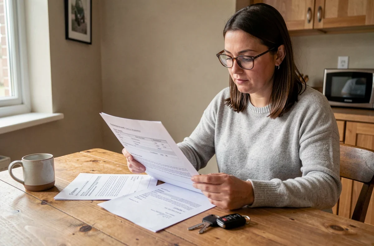 Femme vérifiant les documents administratifs pour l'achat d'une voiture sans permis d'occasion auprès d'un particulier