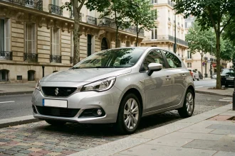 Voiture compacte neuve garée dans une rue parisienne, vue en angle 3/4 avant, reflets urbains sur la carrosserie argentée
