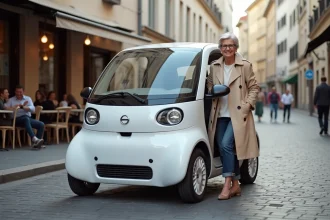 Femme conduisant une voiture sans permis connectée dans une rue urbaine française
