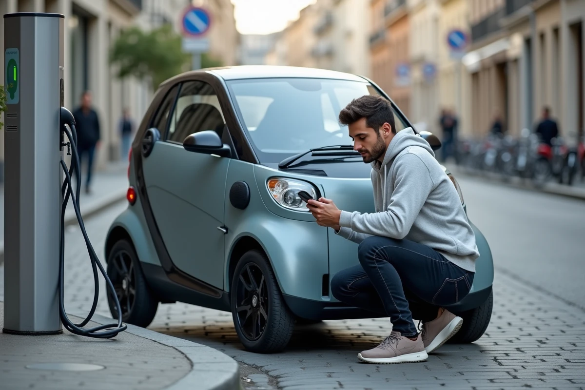 Voiture sans permis électrique connectée en charge dans une rue française avec application mobile