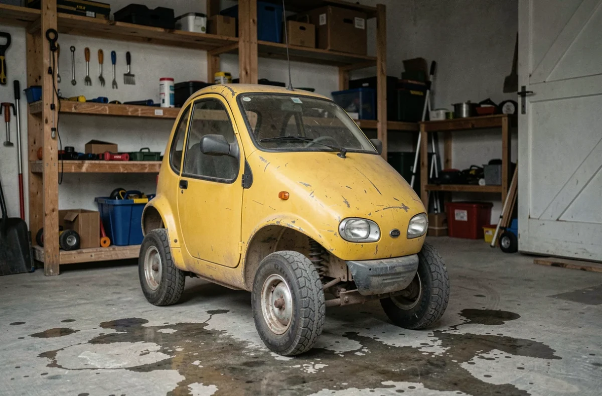 Petite voiture sans permis d'occasion jaune dans un garage privé en Moselle avec traces d'usure réalistes