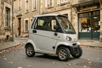 Voiture sans permis d'occasion garée dans une rue pittoresque de Moselle avec façades en pierre traditionnelles