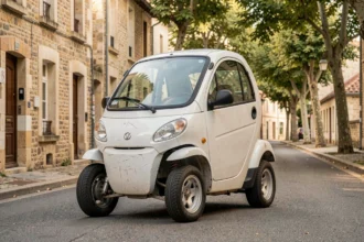 Voiture sans permis d'occasion blanche garée dans une rue de village en Rhône-Alpes