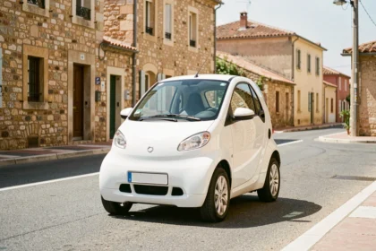 Voiture sans permis blanche garée dans une rue ensoleillée de Narbonne avec façades en pierre