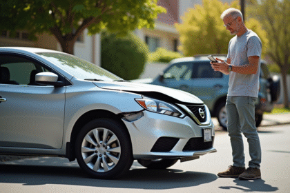 Voiture sedan argentée avec une aile endommagée sur une rue ensoleillée