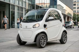 Voiturette électrique blanche garée sur un trottoir urbain moderne
